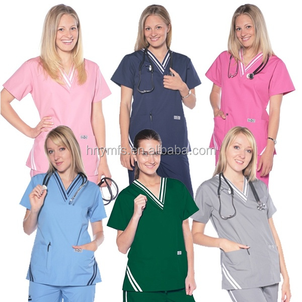 Short Sleeve Solid Color Stylish Nursing Scrubs 65% Cotton 35% Polyester