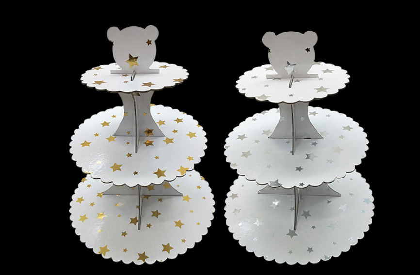 2 / 3 Tiers Paper Cardboard Cake Stand With Gold Trim Edges Round Scalloped Shape