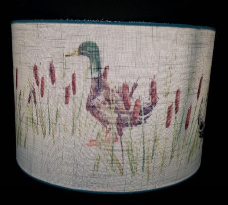 Archaistic Bird Print Lamp Shade Drum Design On Faux Linen