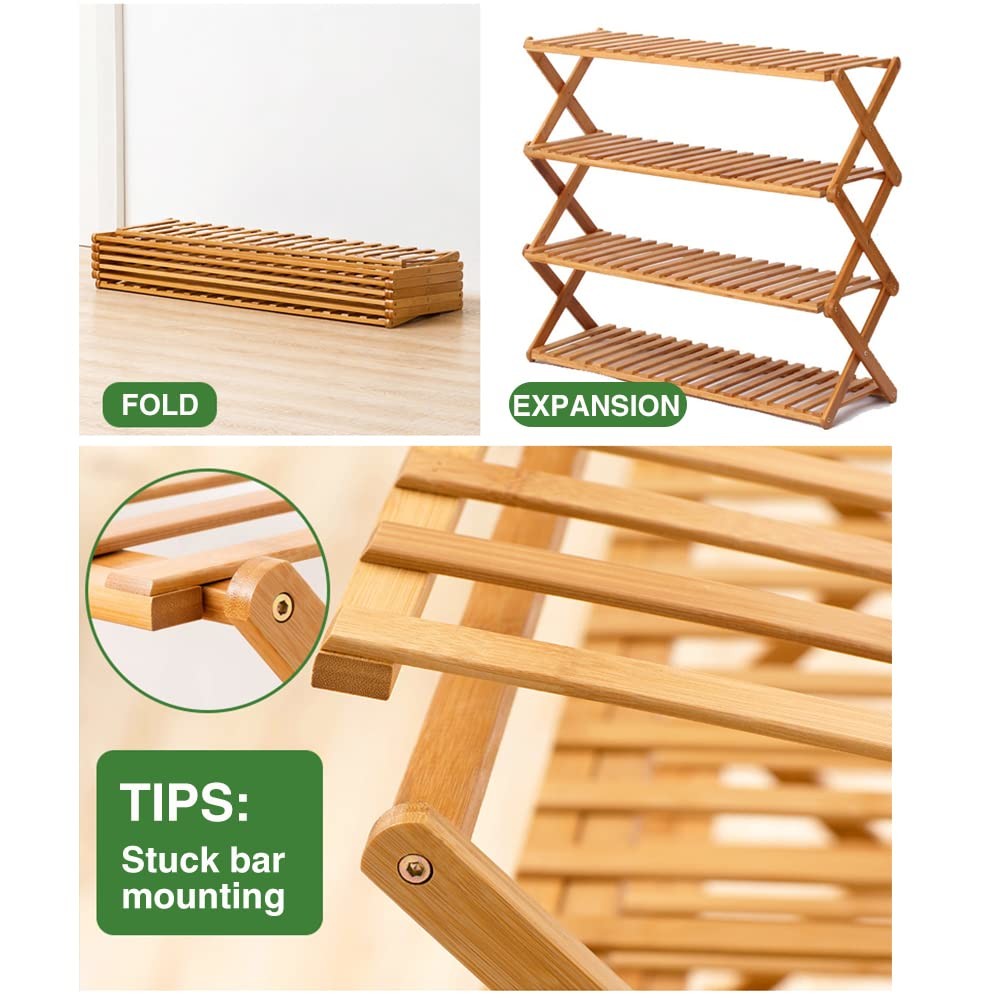 Bamboo Wood Foldable Free Installation 4 Tier Shoe Storage Shelf