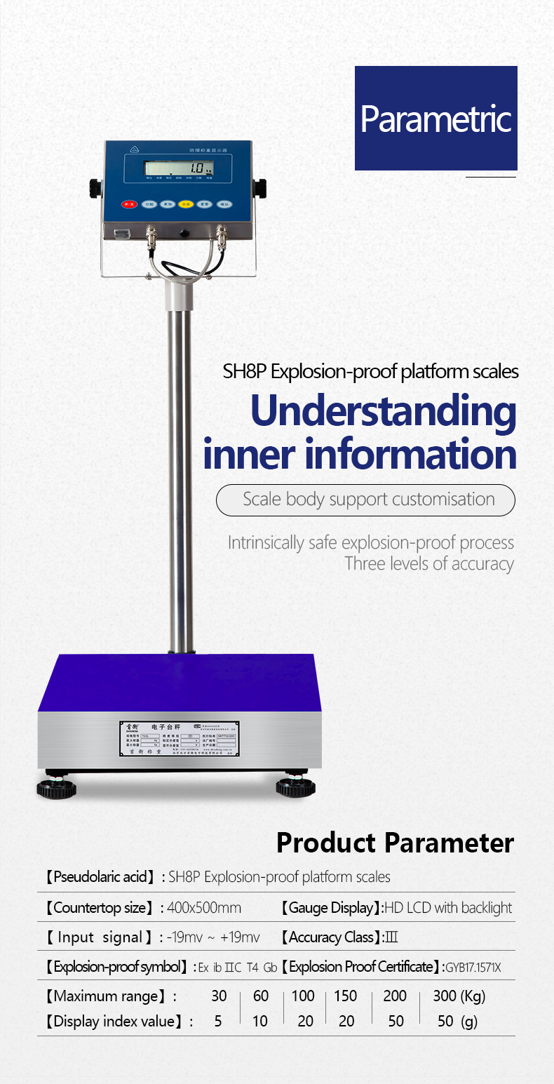 SH8P 304 Series Stainless Steel 30-300KG Explosion-Proof Scale LED Display Platform Scale