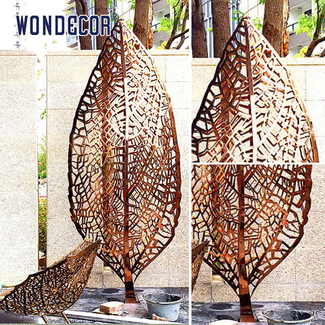 Large outdoor park forging metal abstract hollow leaf stainless steel sculpture