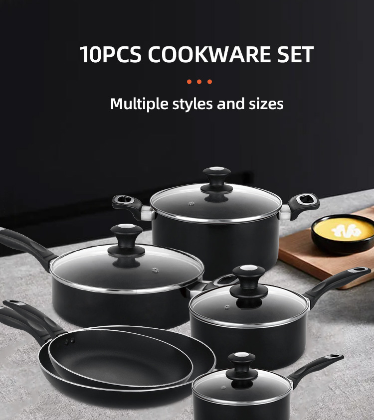 Hot Sale 10 Pcs Aluminum Cooking Pot Set Custom Pots And Pans Cookware Black Nonstick Cookware Sets With Glass Lid