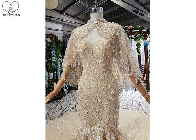 Sling Gold Tailor Made Prom Dresses Deep V Neck Lace Fishtail Beaded Shawl