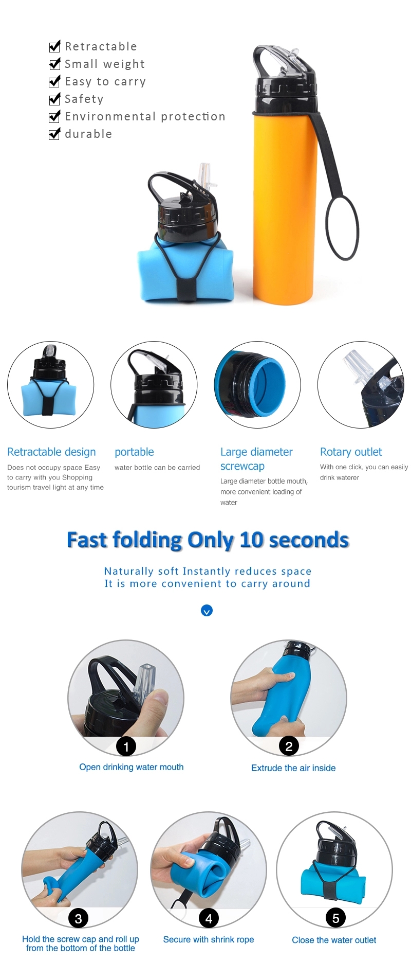 600ML Camping Collapsible Silicone Water Bottle Water Bottle For Outdoor