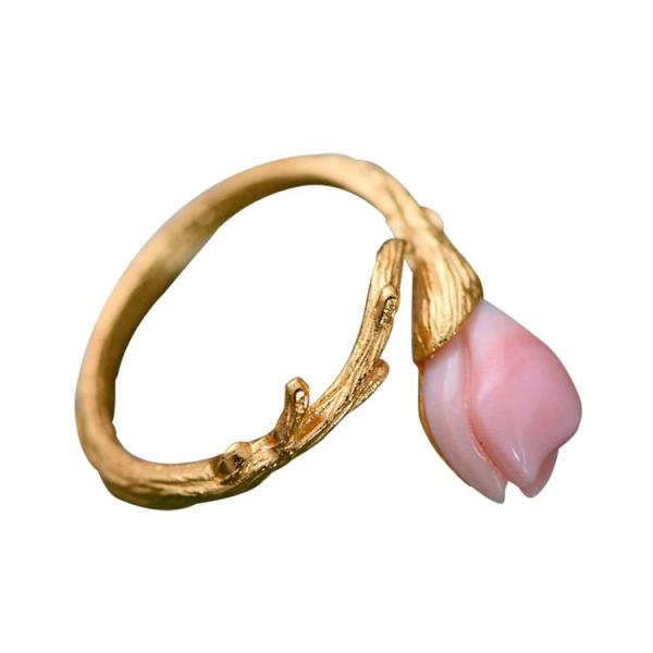 Women Sterling Silver Natural Pink Shell Tulip Gold Plated Ring Open Adjustable