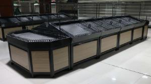 Quality supermarket Wood Produce Display Table with lifting door wholesale