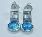 925 Greek Key Round Dangle Blue Lab Created Opal Earrings 3.9 Grams Estate
