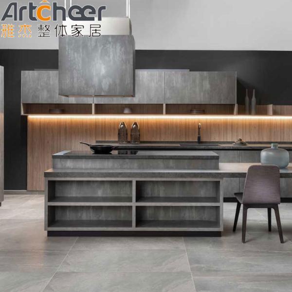 Modern Kitchen Furniture with Dark Grey Marble Look Finish and Flat Edge