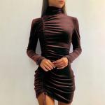 Autumn Winter Suede High Neck Long Sleeve Mini Dresses