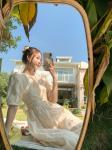Back Tie Bow Waist Puff Sleeve A Line Dress