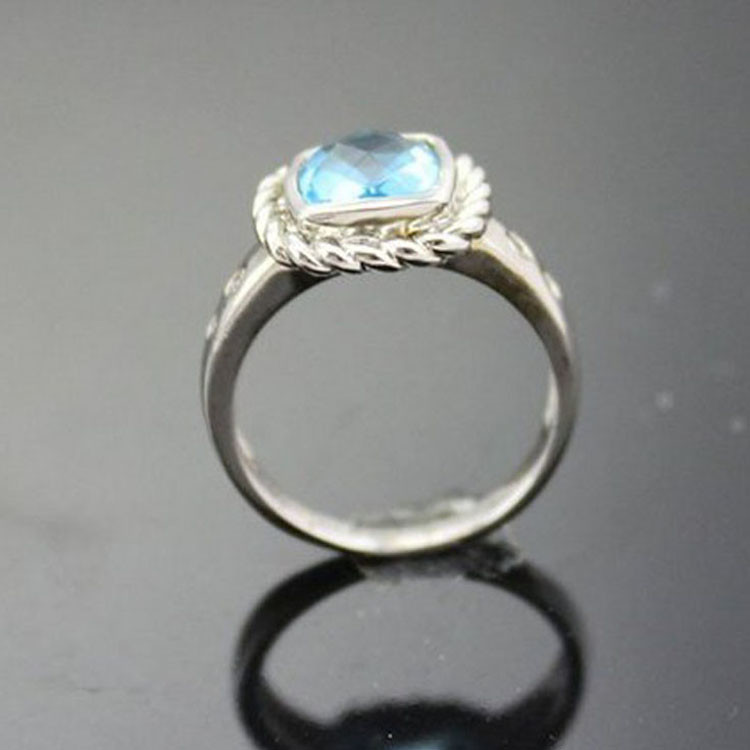 Women Jewelry 925 Silver 7mm Square Blue Cubic Zirconia Ring (JR061）