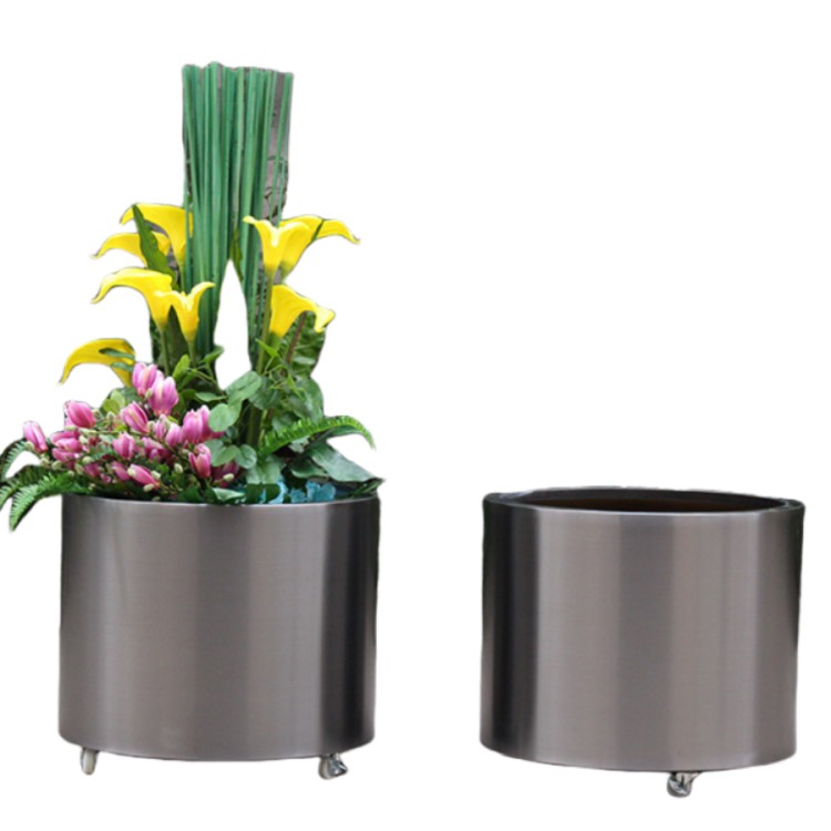 Outdoor black cylinder medium cast iron flower pot with wheels
