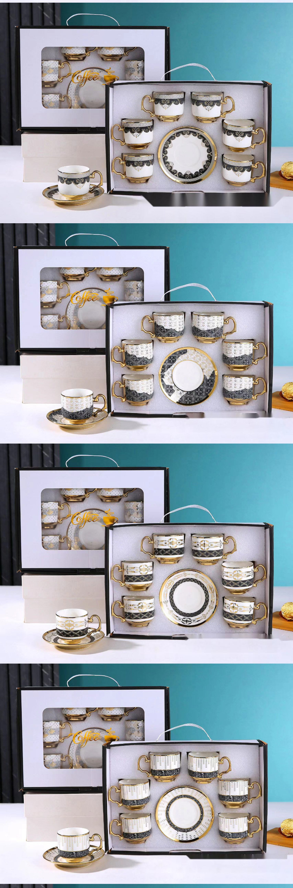 6-Piece Ceramic Tableware Set for Coffee Tea and Cappuccino in Luxury Bamboo Gift Box