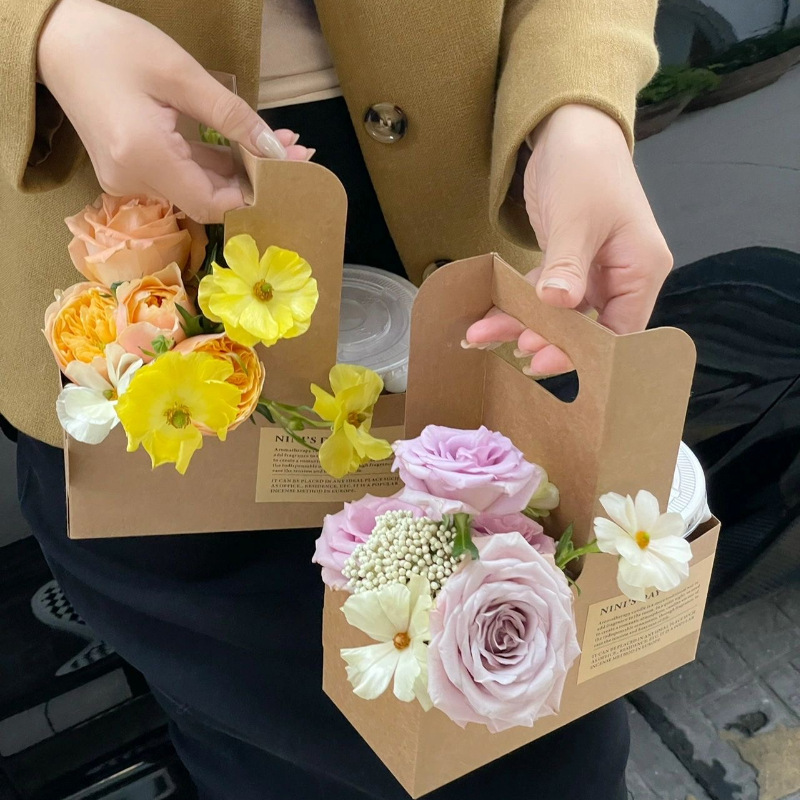 Rigid Boxes Dekun Recyclable Kraft Fresh Flowers Coffee Paper Tray Gift Box With Handle