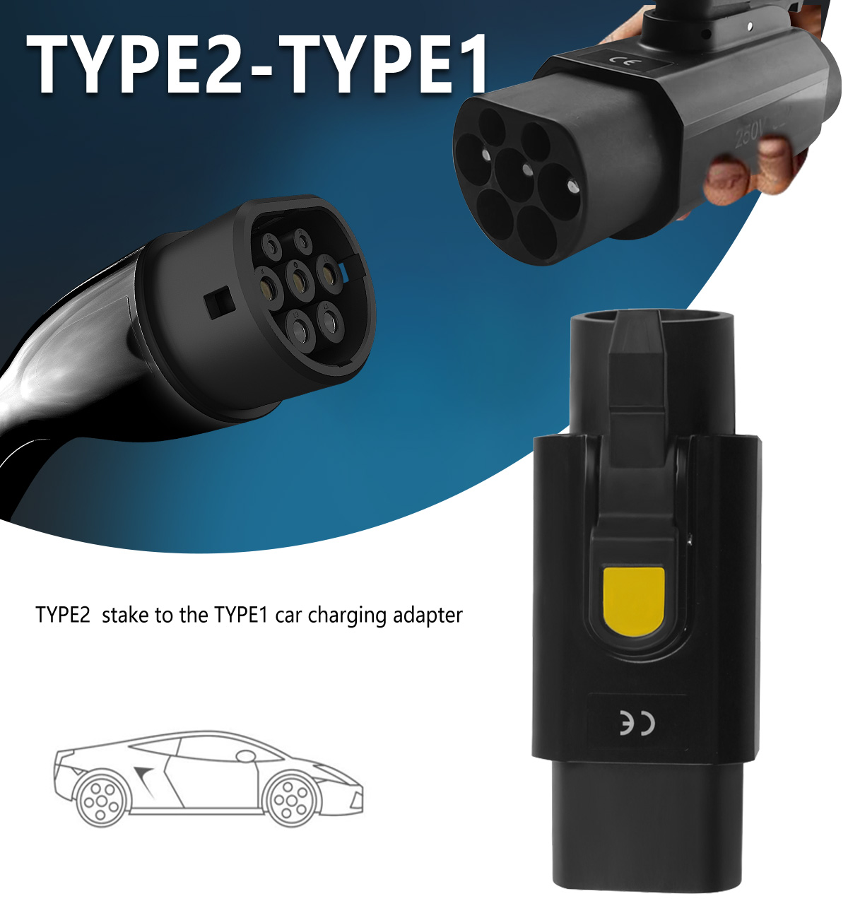 PC Copper 7KW 220V 32A Portable EV Charger Adapter Type2 to J1772/type1 for Type1 EV Cars