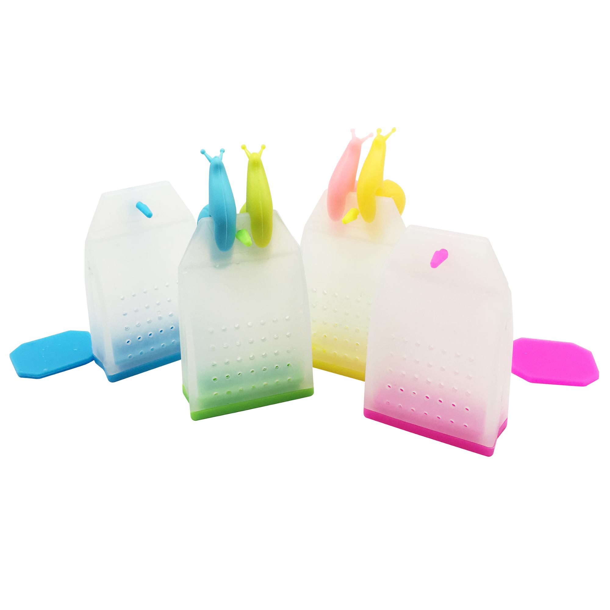 4pcs BPA- Free Custom Logo Printed Colorful Genuine Reusable Silicone Tea Bag Infuser Gift Set with Cute Snail Cup Charms