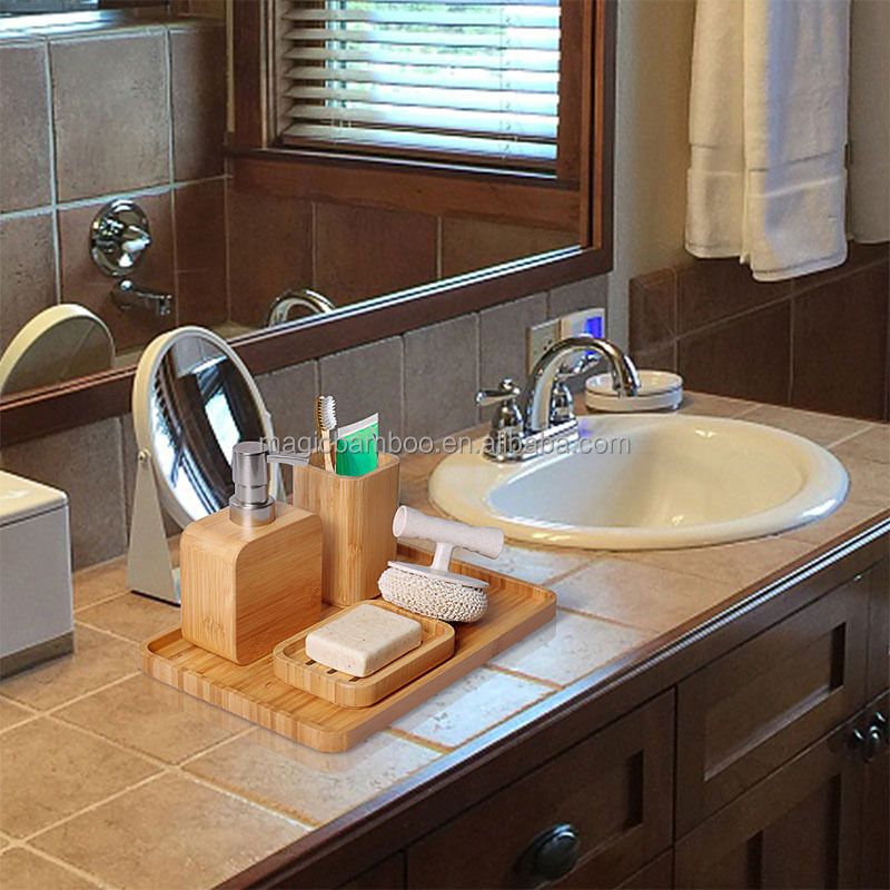 4pcs Natural Bamboo Bathroom Accessories Set For Hotel House Office Toilet