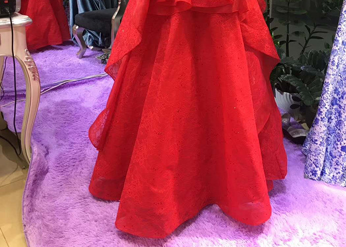 Red A Line Ball Gown Puffy Purffles V Neck Backless Lace Beaded Cotton Linen