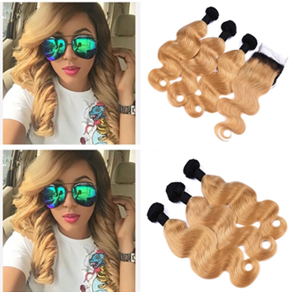 Ombre Blonde 1B 27 Peruvian Hair Body Wave 3 Bundles With Closure Ombre Human Hair Bundles With Closure Remy Hair