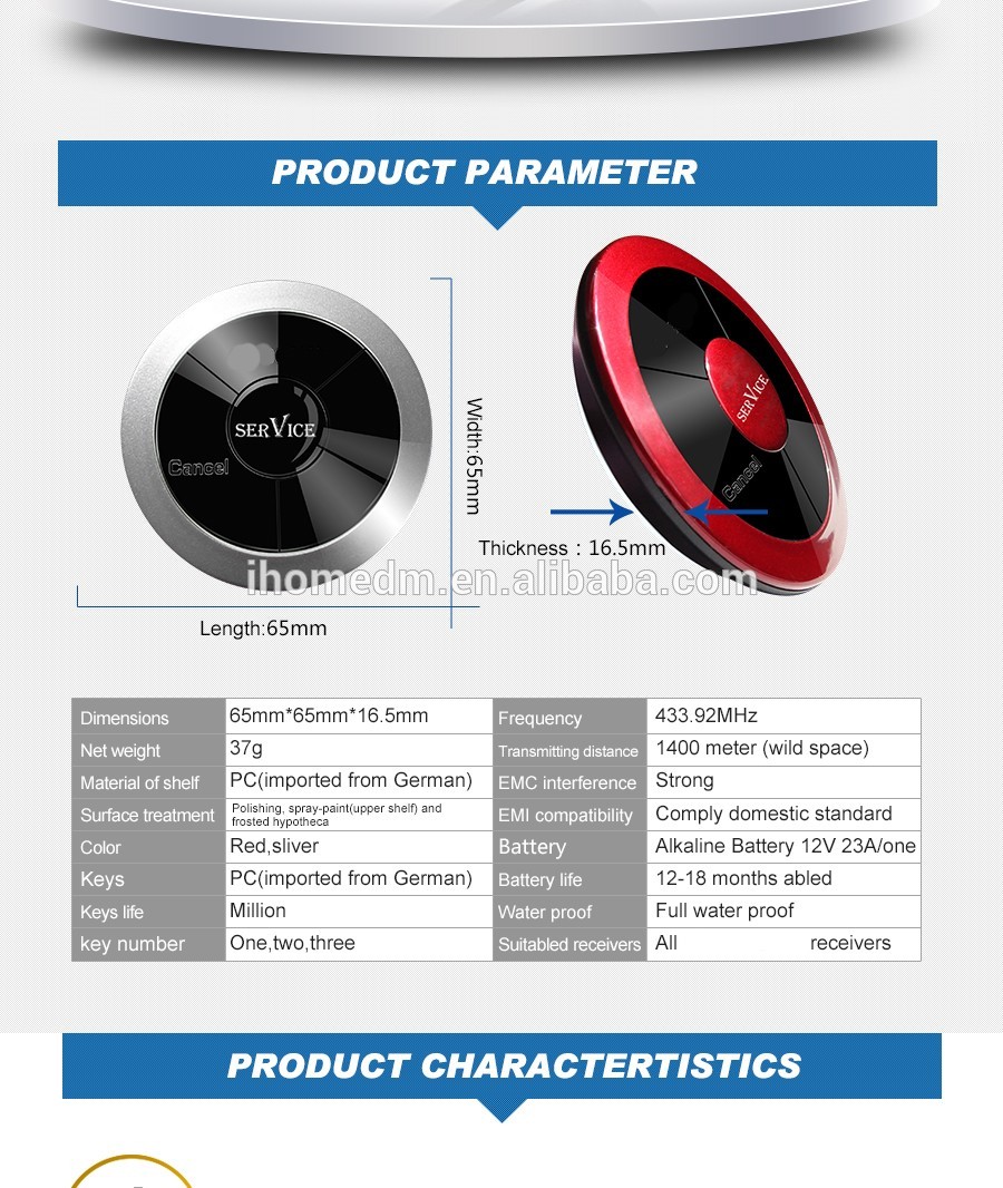 High Quality Wireless Modern Service Equipment Buzzer For Casual Fine Dining