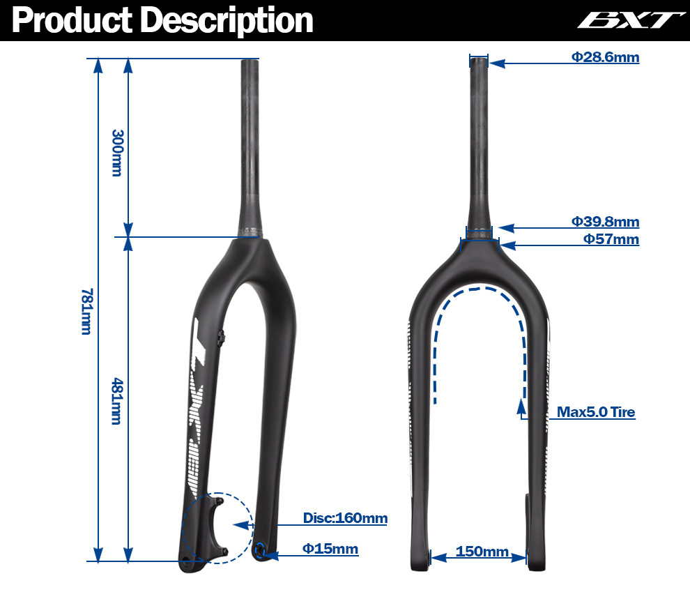 26 Thru Axle Carbon Mountain Bike Fork T800 Mountain Bicycle Snow Fat Bike Forks