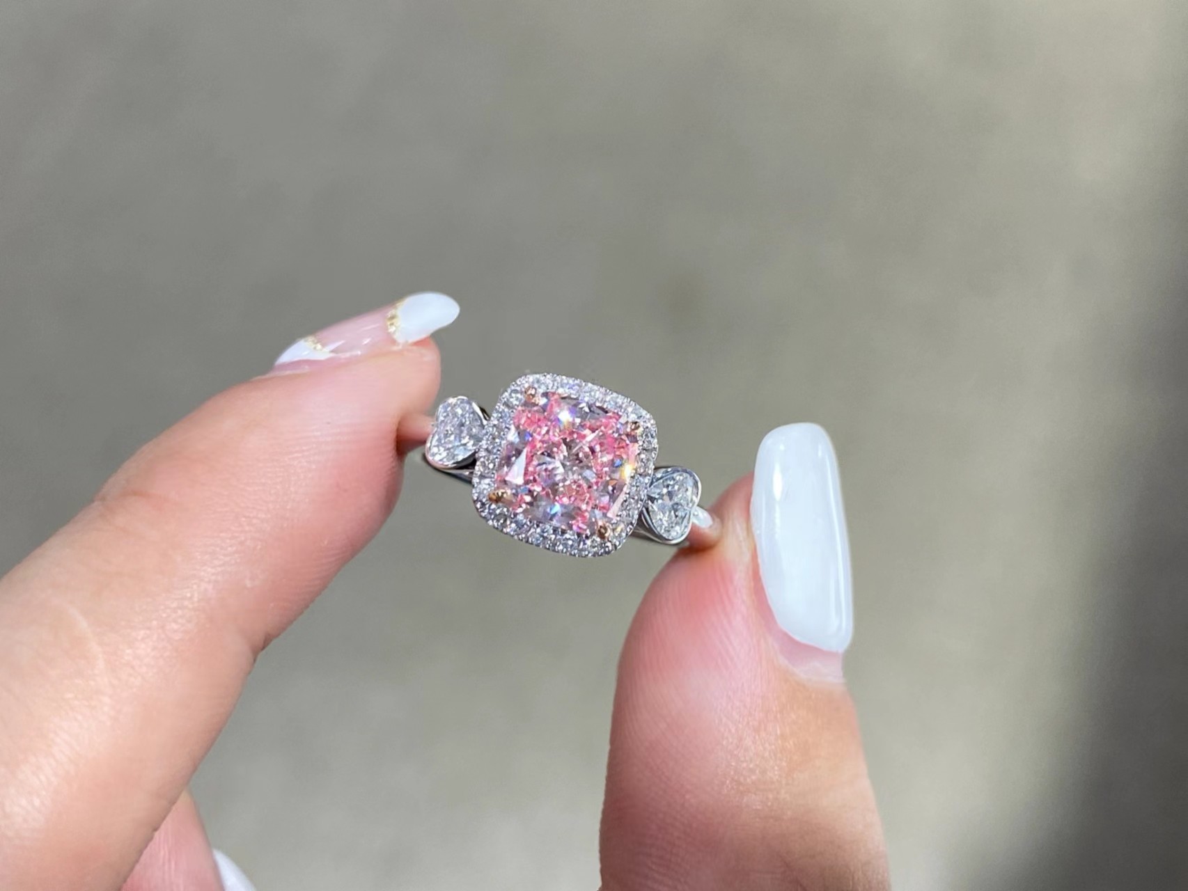 Custom Lab Grown Diamond Rings Three Stone Style Main Stone 1.61ct Fancy Pink Cushion Cut