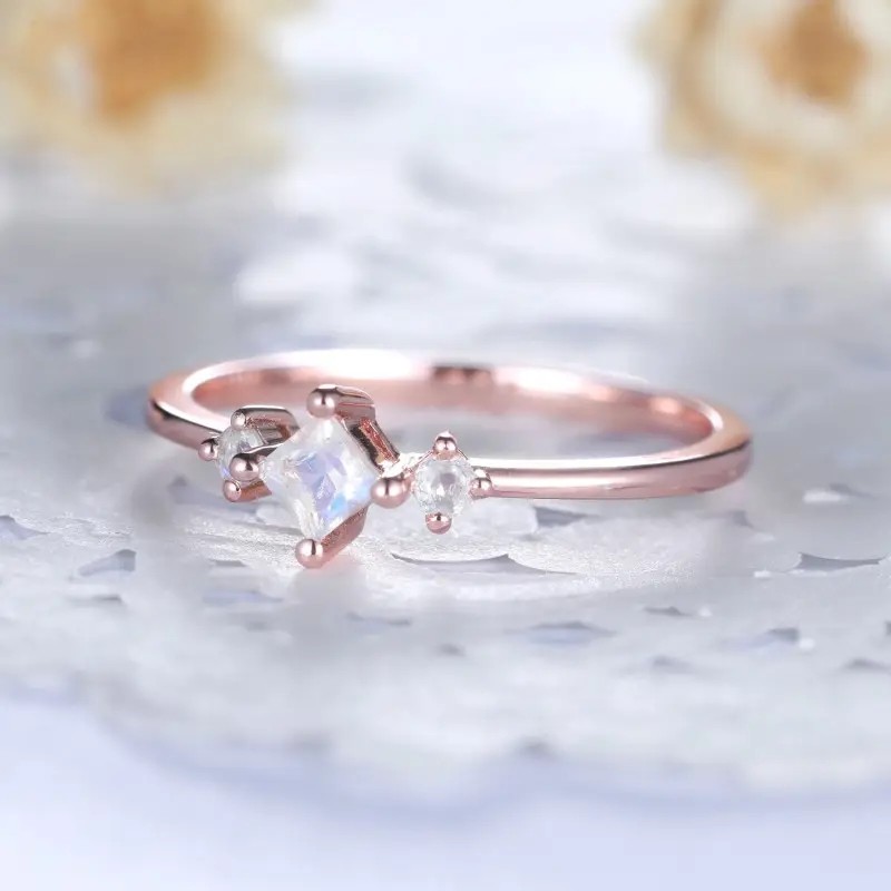 Trendy Ring for Women 925 Sterling Silver Moonstone Ring Rose Gold Plated Princess Cut Dainty Engagement Ring
