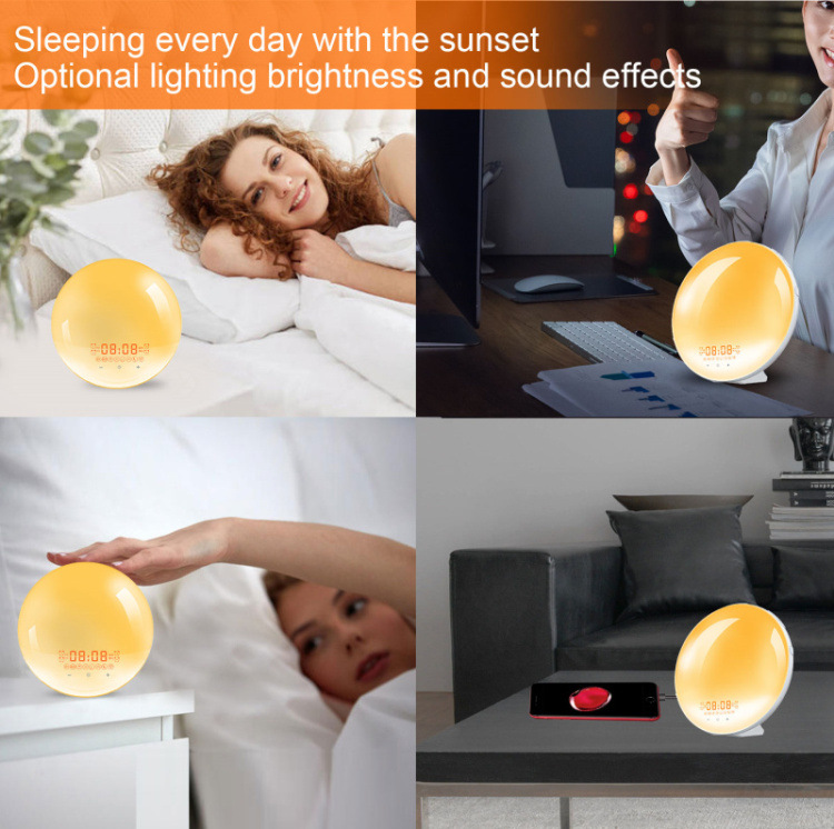 2022 New Smart APP Sunrise Wake up Light Alarm Clock with 8 Natural Music Sunrise Simulation Bedside Night light with FM