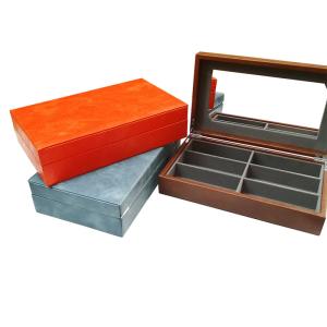 Quality Leather 6 Slot Wooden Lid Spectacles Sunglasses Storage Display Box With Mirror wholesale