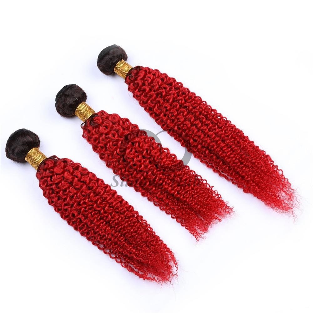 #T1B/Red Kinky Curly Remy Human Hair Bundles Sew In Weave Bundles Brazilian Bundle Deals