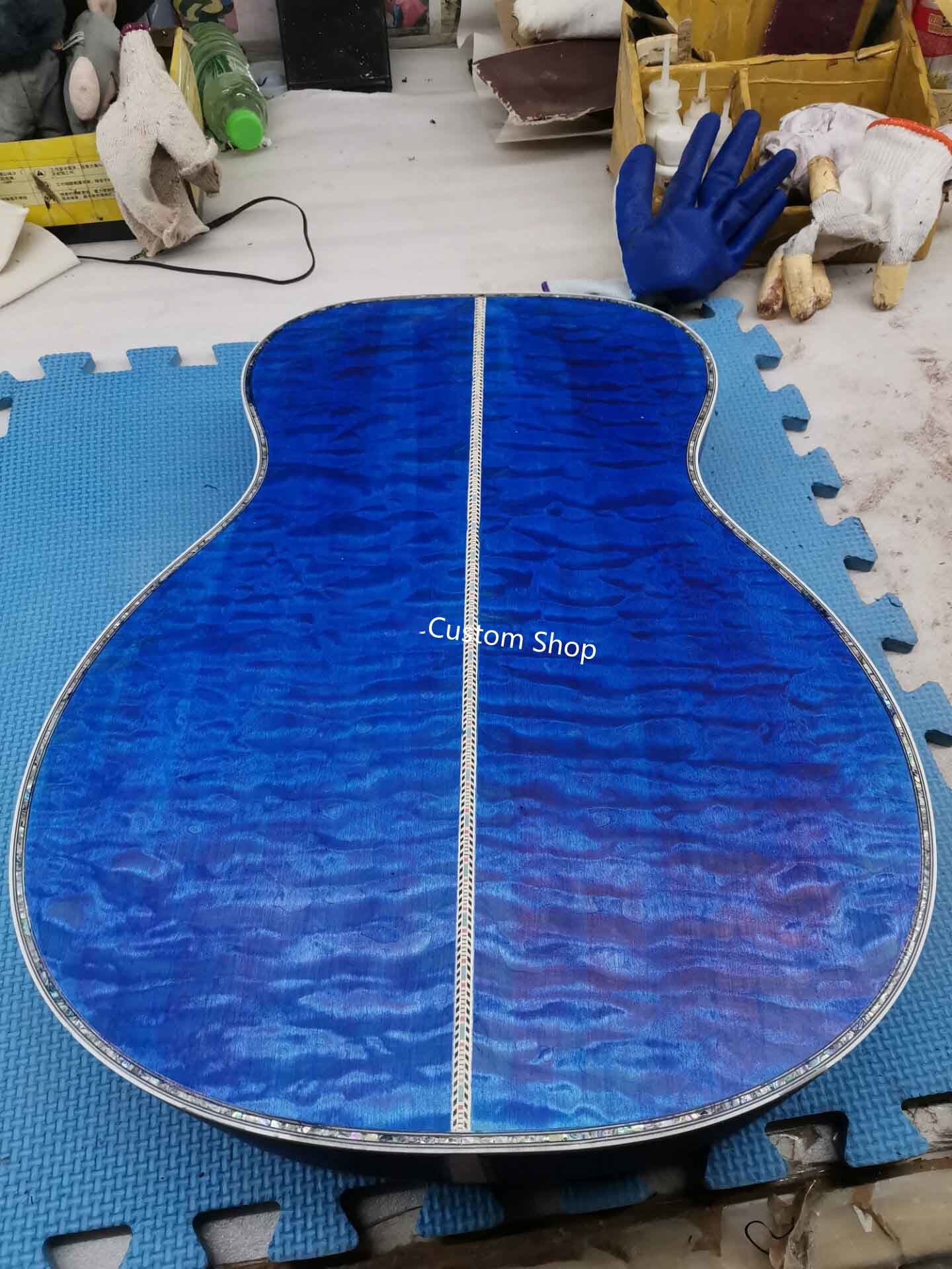 Custom 14 Frets Scalloped X Shaped Bracing OM Water Wave Top Full Abalone OM45 Blue Quilted Figured Maple Acoust