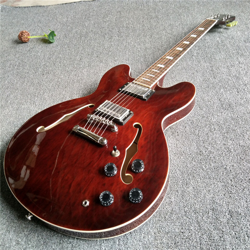 Hot sales hollow body electric guitar with wine color and silvery spare parts
