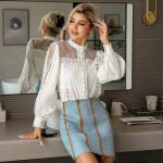 Lantern Sleeved High Neck Flared Blouse Chic Black High Waisted Lace Tops With