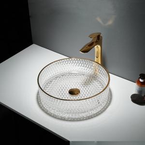 Quality Gold Edge Round Glass Wash Basin 45mm Bathroom Vessel Sink wholesale