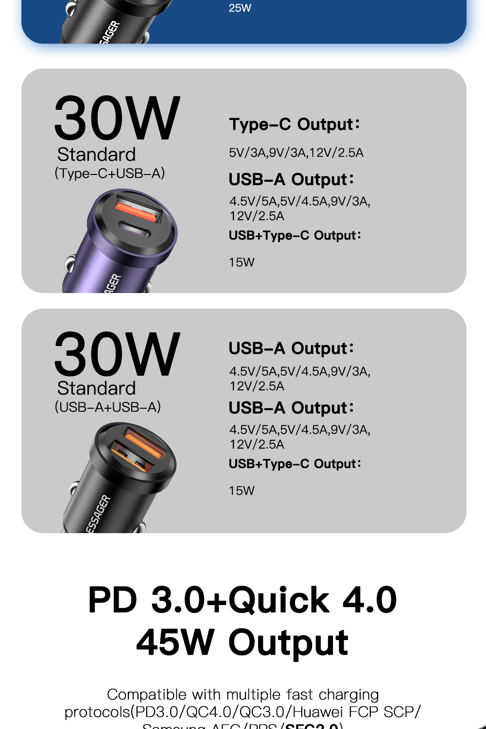 Essager 2022 Gyroscope New Type-c + USB-A USB QC3.0 30W 45W Mini Car Charger
