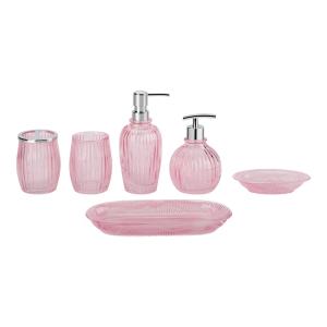Quality Ribbed Vertical Stripe Glass Bathroom Accessories Set in Pink Color for Luxury Bath and Hotel wholesale