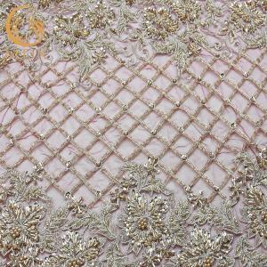 Quality Nigerian Styles Gold Beaded Lace Fabric Handmade Tulle Embroidery 135cm Width wholesale