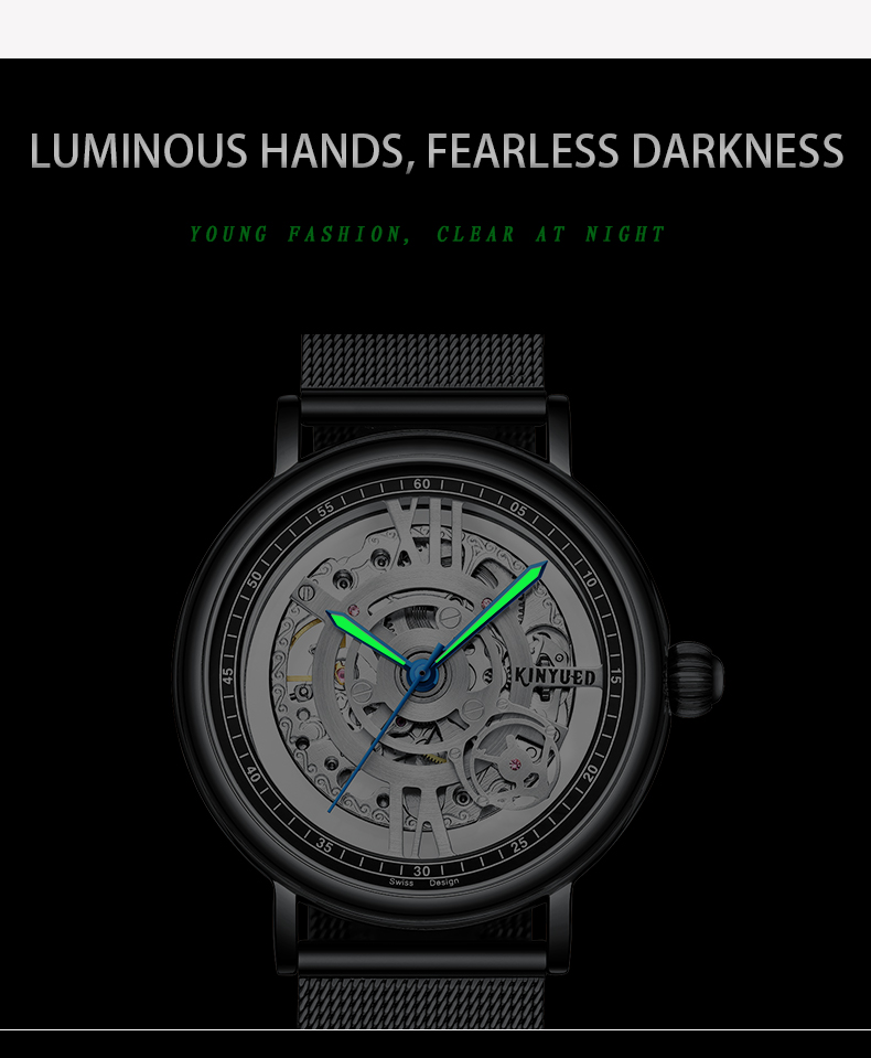 KINYUED J069 skeleton luxury leather waterproof quartz oem brand hands wristwatches custom logo wrist mens watch montre