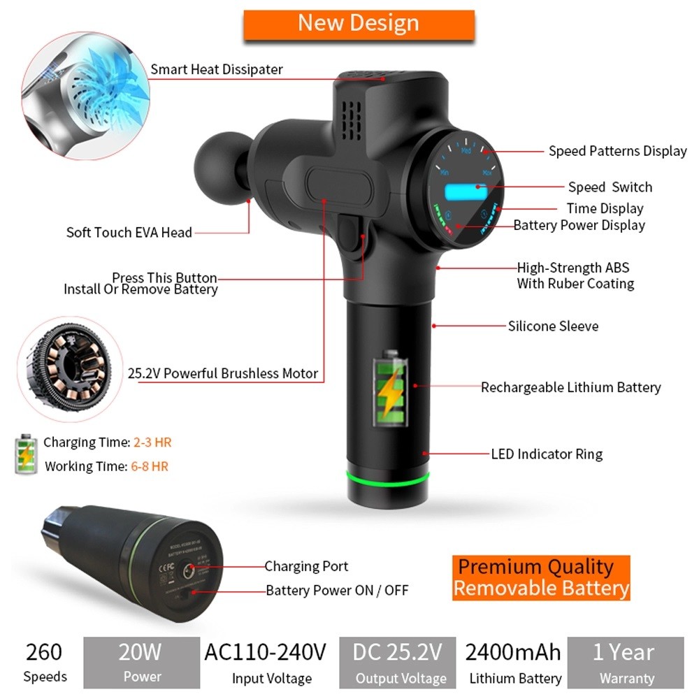 260 Speeds Handheld Muscle Massager Lithium Battery 2400mah Physion Massage Gun