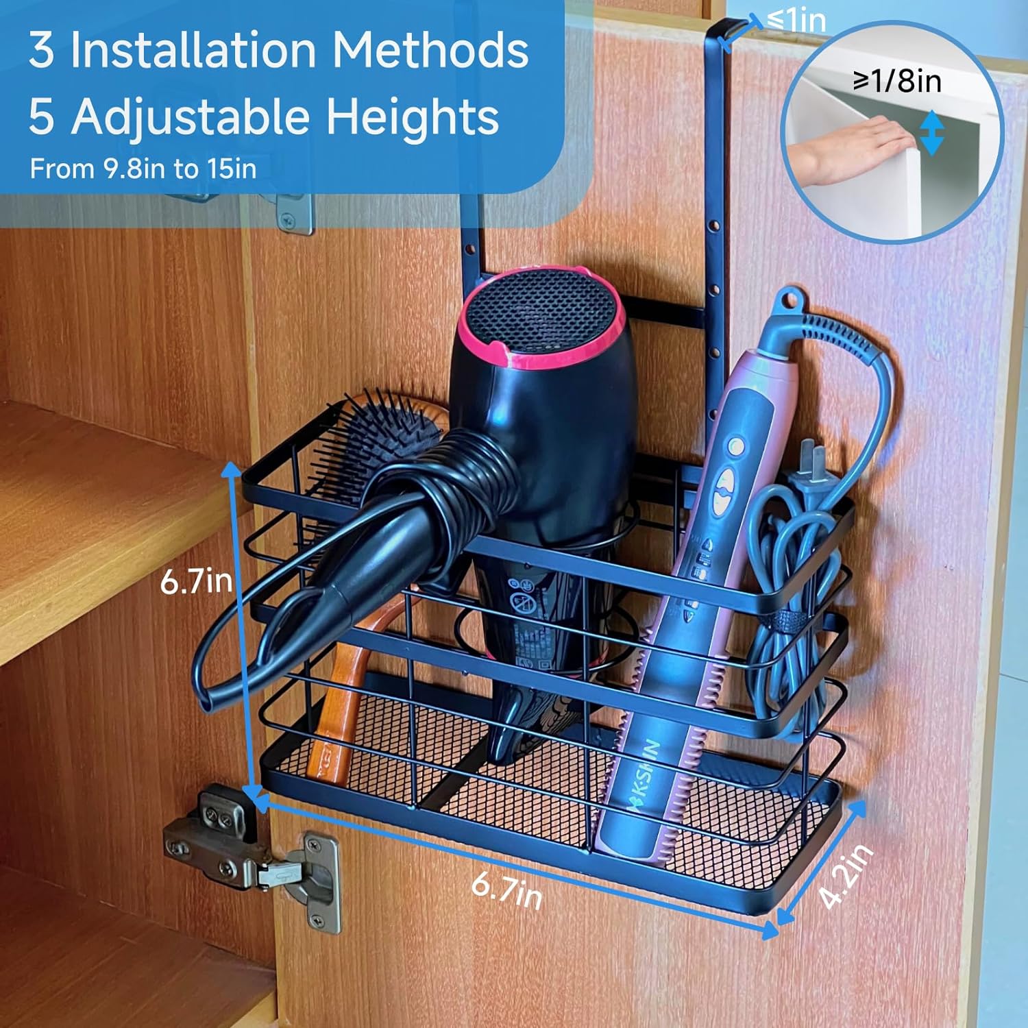High Carbon Steel Wall Mounted Blow Dryer Holder for Under Sink Bathroom Organization