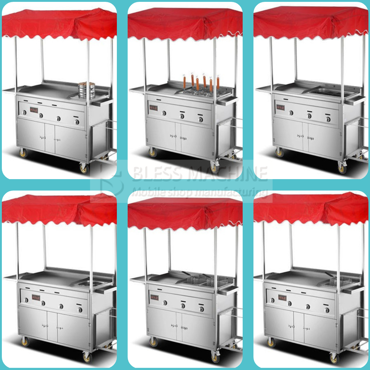 2022 Multipurpose Mobile Stainless Steel Street Food Snack Trolley Handcart Customized