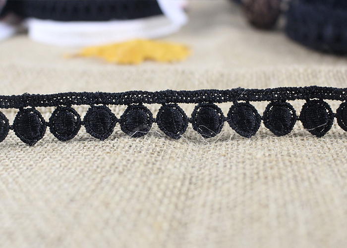 Water Soluble Flat Ball Black Lace Trim By The Yard , Chemical Polyester Lace Ribbon