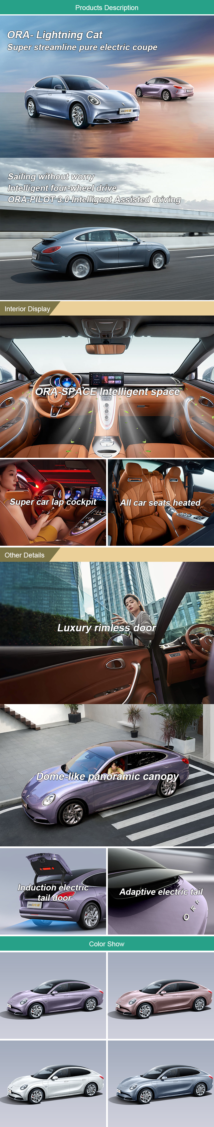 4871x1862x1500 Dimension Fast Charging ORA Lightning Cat 555km Endurance 2023 Electric Vehicle for Women