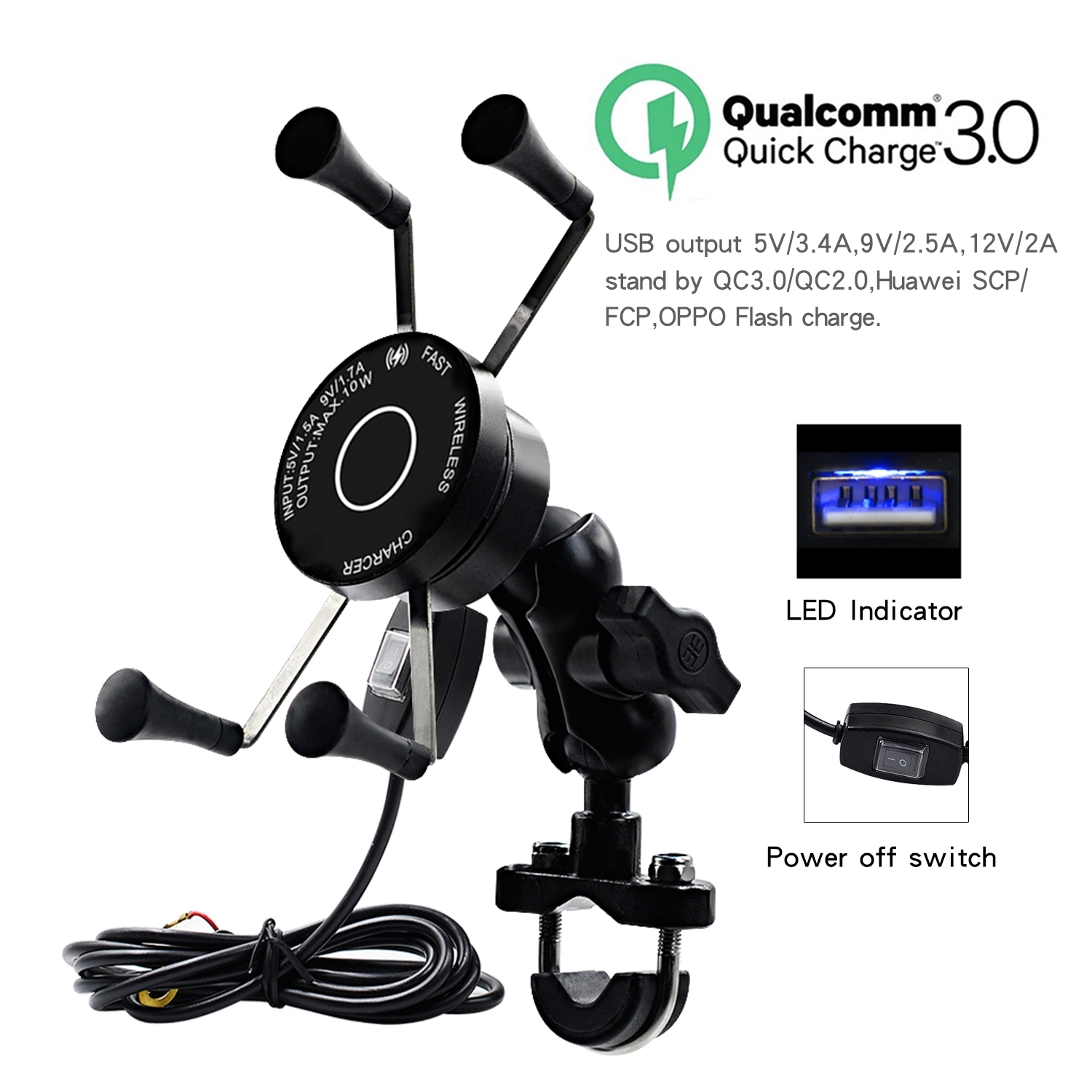 3 In 1 Motorcycle Wireless Charger Mount , FCC 5V 1.5A Motorcycle Phone Grip