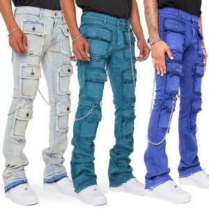 Quality Hot Selling Pants Flared Cotton Men Streetwear Fashion Hip-Hop Loose Straight Cargo Jeans wholesale
