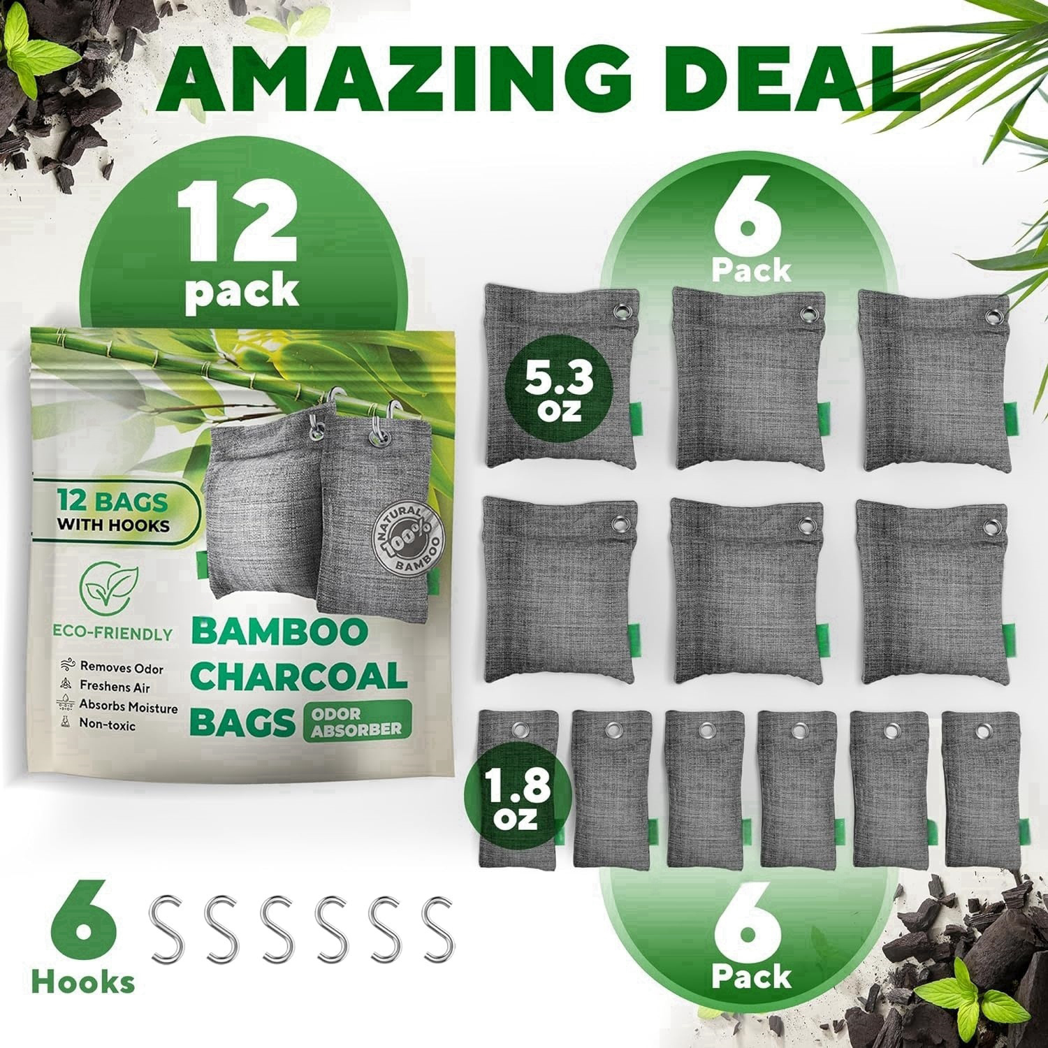 Refrigerator Deodorizer 12-Pack Bamboo Charcoal Air Purifying Bags for Shoes and Cars