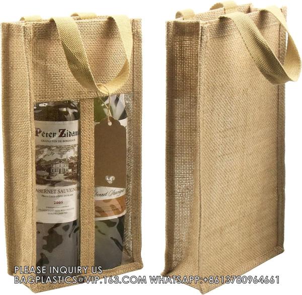 Double Window Two Bottles Burlap Jute Wine Bottle Bag Wedding, Party Favors,