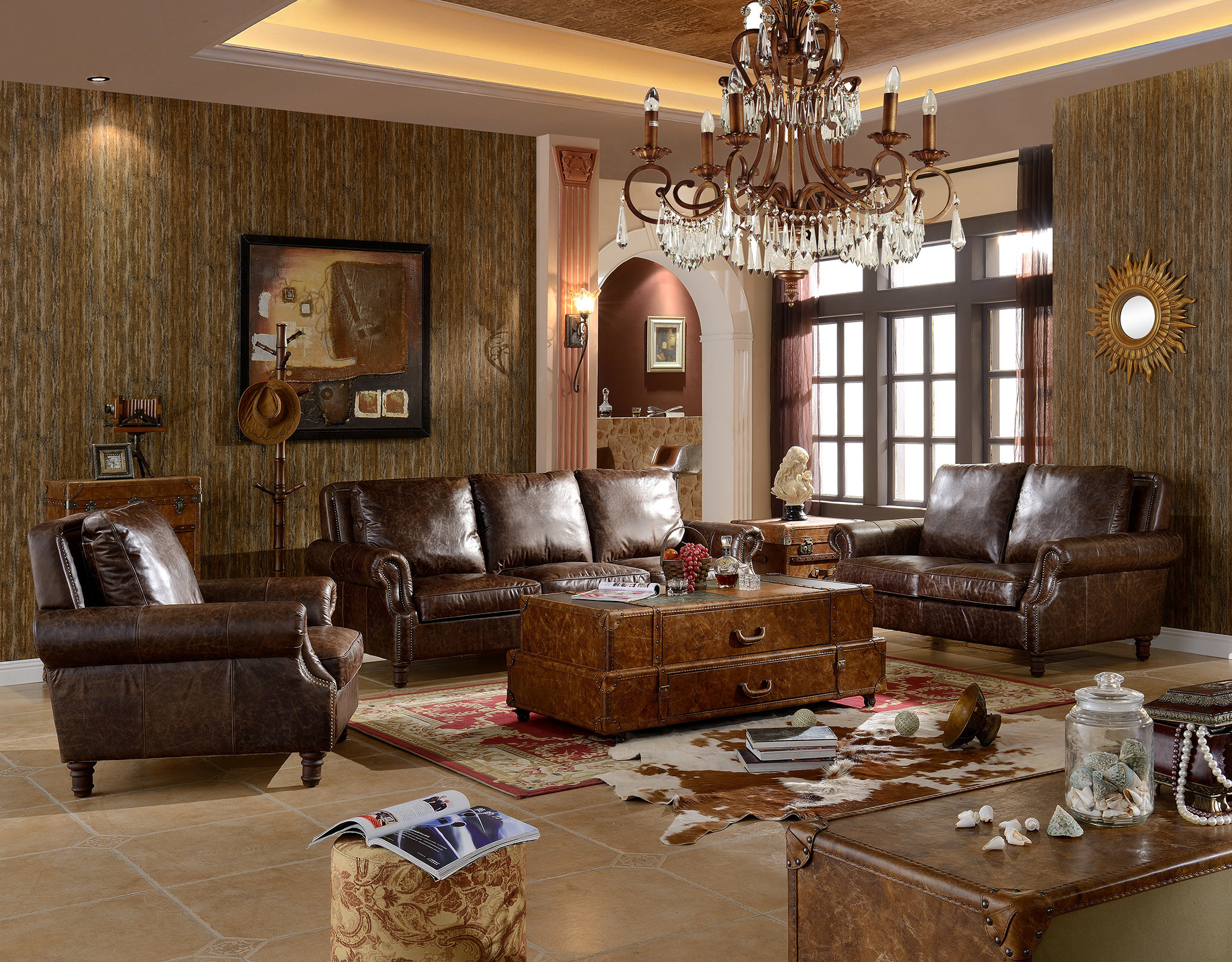Retro Vintage Dark Brown Leather Sofa Set ,Top Full Grain Leather Sofa For Home