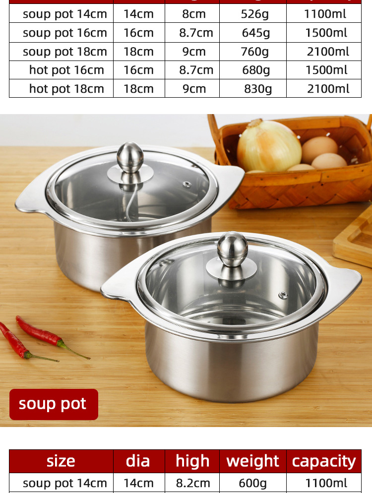 New Design Silver Kitchen Small Stock Pot Stainless Steel Shabu Shabu Induction Hot Pot With SS Double Ear Handles